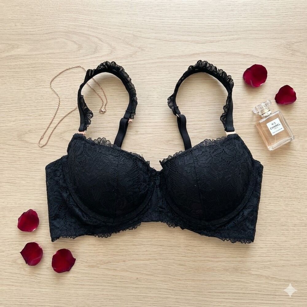 Aerie Real Power Balconette Bra Black Lace 34D Supportive Underwire